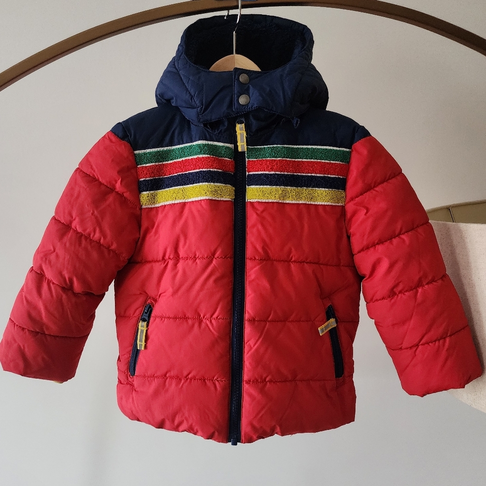 Boden Red Puffer with Striped Accents